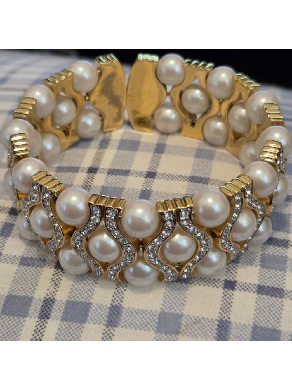 Gold Tone Chunky Ivory Faux Pearl Rhinestone Cuff Bracelet